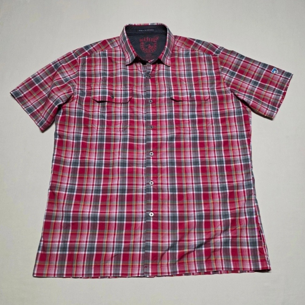 KUHL Eluxur Mens Large Red Plaid Short Sleeve Button Front Outdoor Shirt Reg Fit
